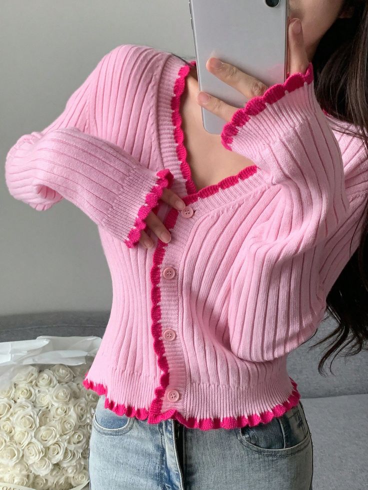 DAZY Contrast Trim Button Through Crop CardiganI discovered amazing products on SHEIN.com, come check them out! Hot Pink Cardigan Outfit, Pink Cardigan Outfit, Hot Pink Cardigan, Jersey Cardigan, Beginner Crochet Tutorial, Cardigan Outfit, Cardigan Pink, Crop Cardigan, Crop Dress