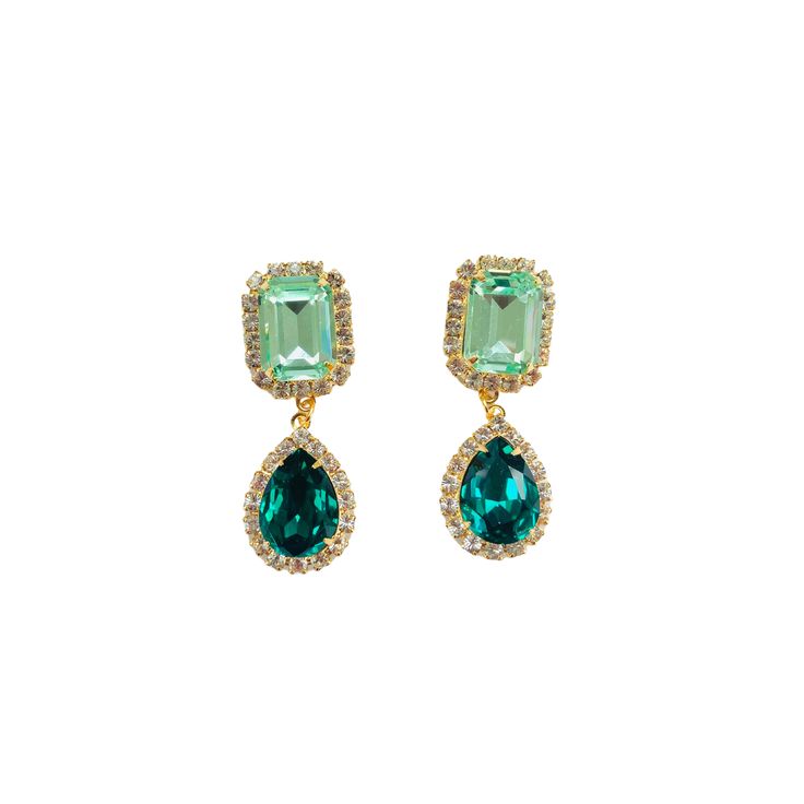 A gorgeous jewel drop that is completely handcrafted gives us all the vintage feels along with the big sparkle we love. A beautiful statement you will treasure forever that adds instant chic to an outfit. Please keep your jewelry away from harsh chemicals, perfumes and water Crystal Embellished Drop Earrings As Gift, Teardrop Jewelry With Sparkling Stones For Evening, Sparkling Green Crystal Jewelry, Teardrop Crystal Embellished Jewelry Gift, Emerald Jeweled Jewelry For Parties, Glamorous Green Teardrop Jewelry, Sparkling Drop Jewelry For Evening, Sparkling Teardrop Jewelry For Evening, Green Teardrop Jewelry For Evening