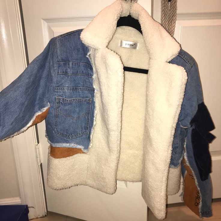 -Fits Xs And My S/M Friend -Cropped -Jean Patches Aren’t On Fully, It Was Made To Be Like Flaps -Never Worn But No Tags Denim Outerwear With Faux Fur Trim, Winter Denim Outerwear For Cold Weather, Winter Denim Jacket With Faux Fur Trim, Denim Outerwear With Faux Fur Trim For Fall, Fall Denim Outerwear With Faux Fur Trim, White Denim Patchwork Outerwear, Casual Cream Outerwear With Faux Fur Trim, Cream Outerwear With Fleece Lining For Spring, Cream Fleece-lined Outerwear For Spring