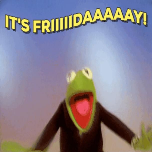 the frog is sitting in front of a computer screen that says, it's friday aaay