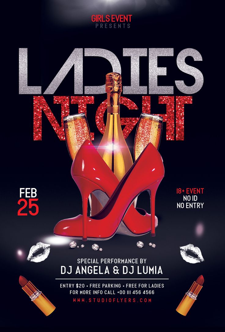 ladies night flyer template with high heel shoes and champagne bottle on black background for event