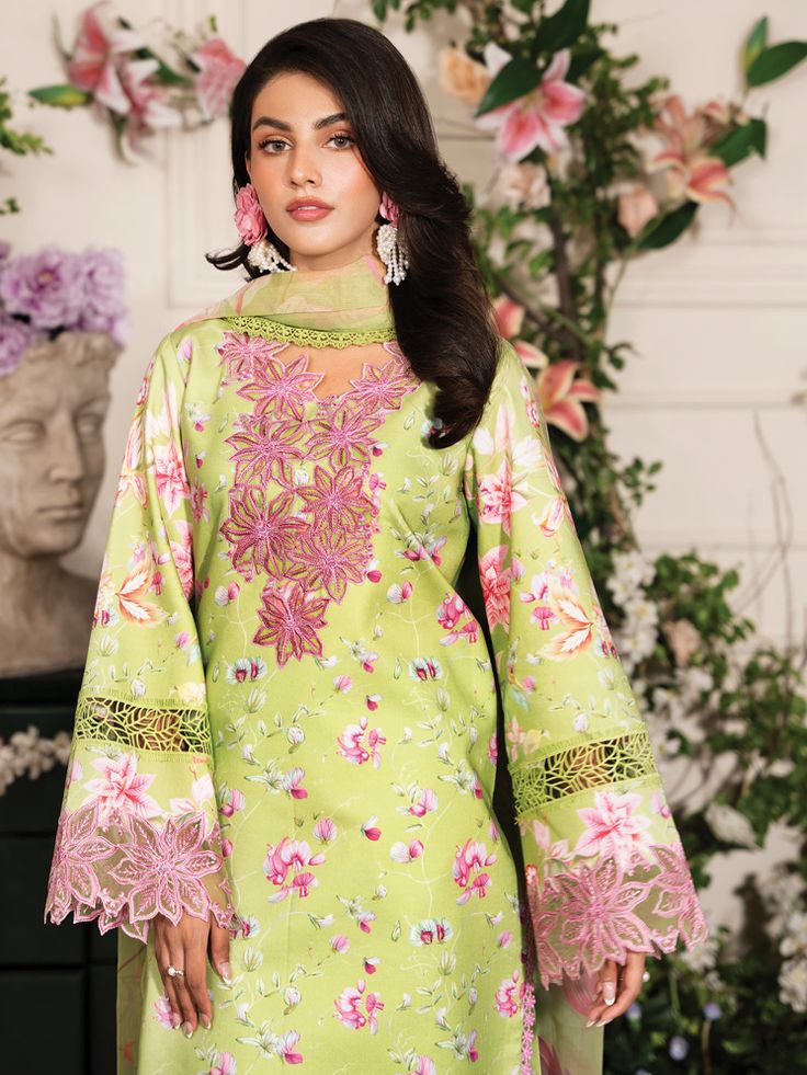 Brand: Rang RasiyaProduct Code: D-11 FLORACollection: Rang Rasiya Lifestyle Unstitched Embroidered EditionFabric: Lawn DESIGN DETAILS: Digital Printed Wider width Lawn Shirt 1.8 Meters Printed Chiffon Dupatta 2.5 Meters Dyed Cotton Trouser 2.5 Meters Embroidered Shirt Neck on Dyed Organza 1 Pc Embroidered Shirt Front Border on Dyed Organza 33" Inches DISCLAIMER:* Lining, Laces, and Tassels are not included in unstitched variants.* Embellishment items in stitched outfits are subject to market ava Lawn Design, Lawn Shirts, Chiffon Dupatta, Extra Fabric, Fabric Stores Online, Jacquard Fabric, Print Chiffon, Designer Suits, Product Label