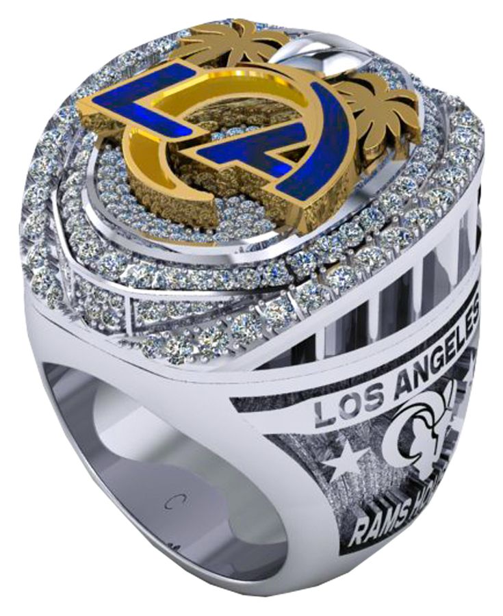 the los angeles rams super bowl ring is shown in white gold and blue with diamonds