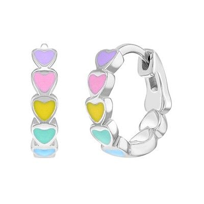 A lovely pair of hoop earrings beautifully designed with a fun and vibrant enamel heart detailing that will make your little girl instantly smile. This beautiful enamel heart huggie hoops feature a beautiful lavender, yellow, pink, teal and blue enamel colors to show off the rainbow in a fun and unique way. These beautiful hinged hoops are crafted from a 925 sterling silver, so it is safe and comfortable for young girls. Packed in a cute gift box for easy gifting. Enamel Huggie Earrings Perfect For Gifts, Cute Hypoallergenic Hoop Earrings, Cute White Huggie Jewelry, Multicolor Enamel Hoop Earrings, Playful Hoop Earrings As Gift, Playful Hoop Jewelry As A Gift, Multicolor Huggie Hoop Earrings For Gift, Playful Hoop Jewelry As Gift, Cute Huggie Hoop Earrings For Valentine's Day