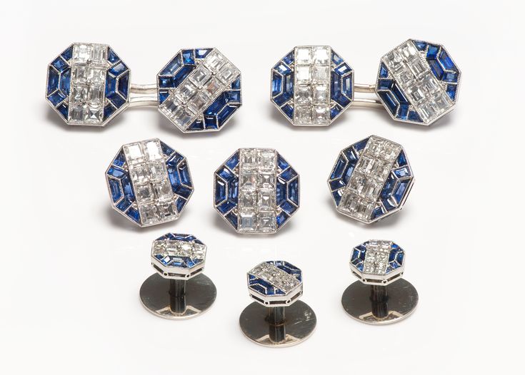 Vintage Platinum Diamond Sapphire Cufflink Stud Set. Exceptional gentleman’s platinum fancy cut diamond and sapphire dress set in a fitted box. French Hallmark. Vintage & Antique Cufflinks Luxury Diamond Cufflinks, Luxury Diamond Cufflinks For Anniversary, Formal White Gold Diamond Cufflinks, Classic Diamond Cufflinks For Wedding, White Gold Diamond Cufflinks For Formal Occasions, White Gold Diamond Cufflinks For Anniversary, Anniversary White Gold Diamond Cufflinks, Elegant Round Diamond Cufflinks, Classic Formal Jewelry With Diamond Markers