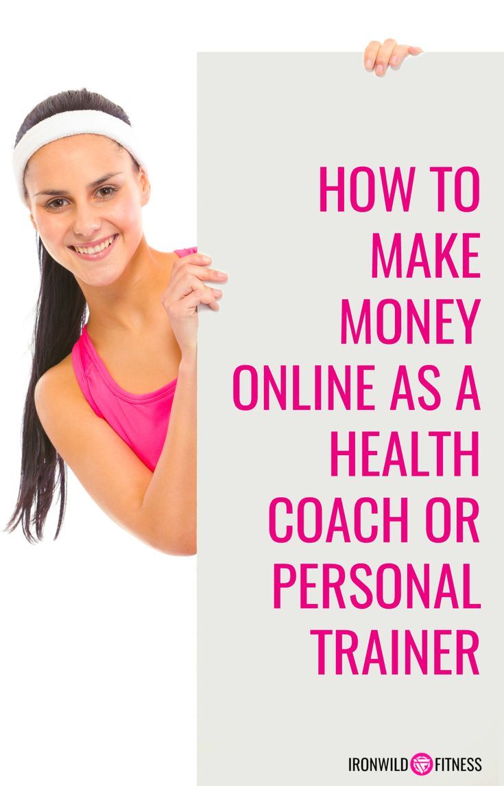 a woman holding up a sign that says how to make money online as a health coach or personal trainer