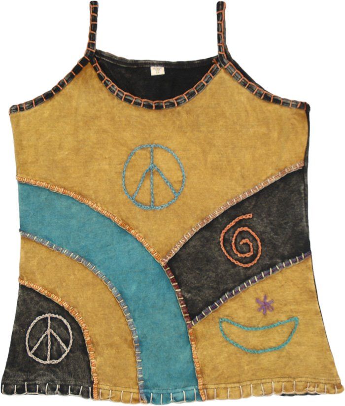 A bohemian style stonewashed tank top with patches of mustard, black and teal colors joined together with a thick thread.  The patches look very artsy, especially with the symbolic embroidered motifs highlighting the overall look. #tlb #Sleeveless #Stonewash #Embroidered #vacationclothing #beachwrap #bohemianfashion #Handmade #Gypsytanktop #Hippietanktop #PeaceDresstop Bohemian Embroidered Cotton Tank Top, Bohemian Cotton Embroidered Tank Top, Hippie Cotton Tank Top, Embroidered Tank Top For Festivals, Casual Tops With Multicolor Embroidery And Patchwork, Multicolor Cotton Patchwork Tank Top, Bohemian Patchwork Tank Top For Summer, Hippie Patchwork Tops For Festival, Multicolor Patchwork Casual Tank Top