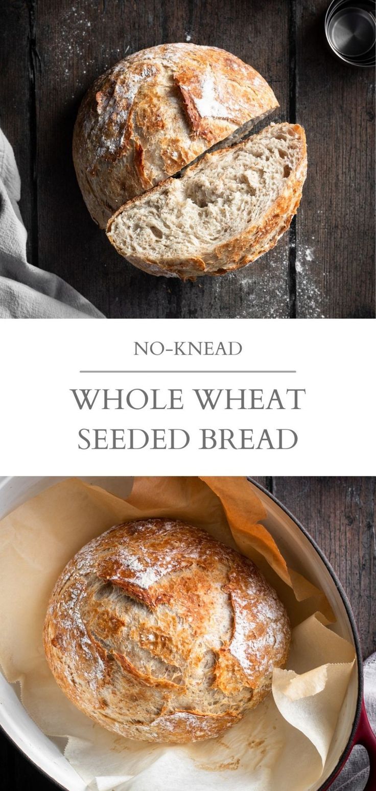 no - knead whole wheat seed bread in a pan on a wooden table with text overlay