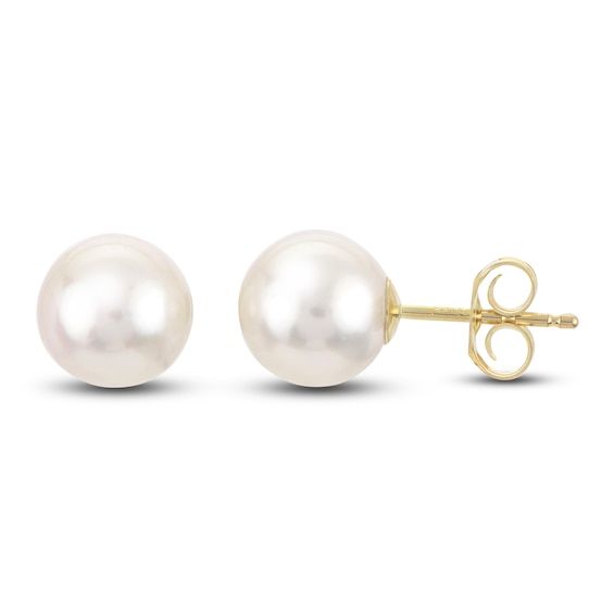 Lustrous 8.0-8.5mm freshwater cultured pearls shimmer elegantly in these timeless women's stud earrings. Fashioned in 14K yellow gold, the earrings secure in place with friction backs. Classic Yellow Gold Pearl Earrings With High Luster, Classic Yellow Gold Pearl Earrings With Prong Setting, Classic 14k Gold Pearl Earrings, Classic Yellow Gold Round Pearl Earrings, Classic Round Yellow Gold Pearl Earrings, Classic Pearl Earrings In Yellow Gold, Classic Gold Pearl Earrings With Prong Setting, Classic 14k Gold Pearl Earrings With Prong Setting, Classic Yellow Gold Pearl Earrings