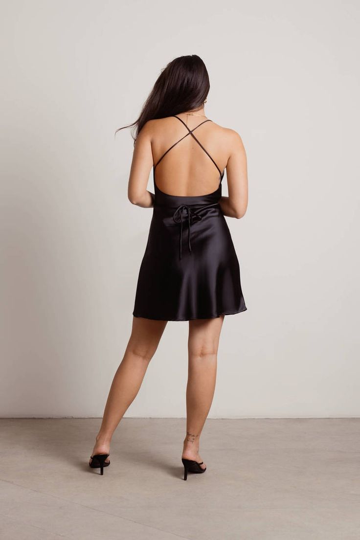 Light Up The Night Black Satin Cowl Neck Mini Dress - $44 | Tobi US Blue Dresses For Women, Cowl Neck Mini Dress, Blue Bodycon Dress, Light Up The Night, Neck Ties, Cowl Neckline, Chic Outfit, Satin Dress, Gold Hoops