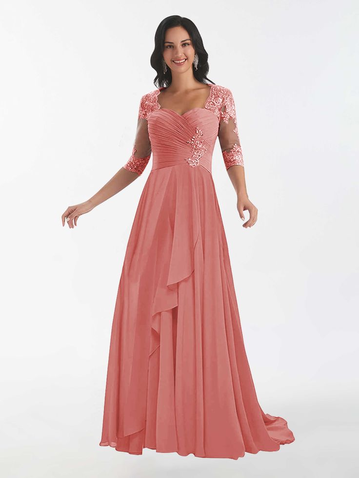 #color_Coral Chiffon V-neck Dress With Ruched Bodice, Flowy Mother Of The Bride Dress For Banquet, Chiffon V-neck Mother Of The Bride Dress For Banquet, Lace V-neck Dress For Mother Of The Bride, Pink Chiffon Dress For Mother Of The Bride, Lace Sleeves V-neck Prom Dress, Lace Sleeve V-neck Prom Dresses, V-neck Dresses With Lace Sleeves For Prom, V-neck Lace Sleeve Prom Dresses