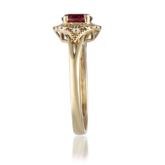 Stunning, timeless and classy eternity Unique ring. Decorate yourself in luxury with this Gin & Grace ring. The 10k Yellow Gold jewelry boasts 4X6 Oval-Cut Prong Setting Genuine Ruby (1pcs) 0.53 Carat and Round-Cut Prong Setting Diamond (18pcs) 0.13 Carat accent stones for a lovely design. This ring is weight 2.26 grams. Crafted with 10k Yellow Gold, this delicate Ring is polished to a high finish shine. Yellow Gold Ring With Baguette Cut Halo Setting, Elegant Ruby Ring With Halo Setting, Elegant Ruby Ring With Center Stone For Promise, Timeless Emerald Cut Ruby Ring, Yellow Gold Baguette Cut Halo Ring, Elegant Promise Ruby Ring With Halo Setting, Formal Birthstone Ring With Halo And Round Cut, Classic Stackable Rings With Halo Setting, Classic Formal Stackable Rings With Halo Design