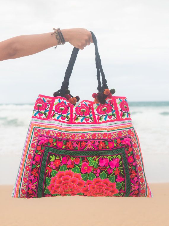 Garden Handmade Beach Tote Bag Hmong Embroidered Fair Trade Thailand (BG301BLAR) Beach Tote With Multicolor Embroidery, Bohemian Embroidered Multicolor Beach Bag, Bohemian Embroidered Beach Bag For Vacation, Beach Tote Shoulder Bag With Multicolor Embroidery, Bohemian Multicolor Embroidered Beach Bag, Handmade Multicolor Embroidered Shoulder Bag For Beach, Pink Embroidered Beach Bag, Multicolor Embroidered Tote Shoulder Bag For Beach, Pink Bohemian Embroidered Shoulder Bag