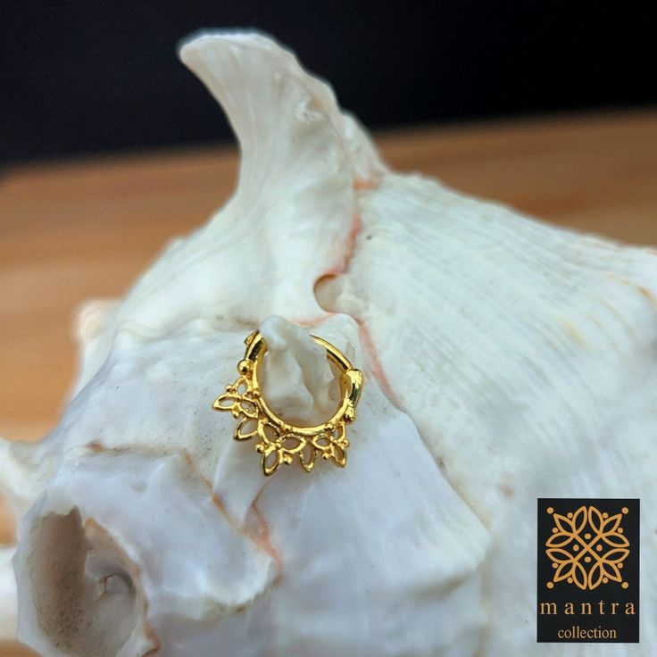 a gold nose ring sitting on top of a shell