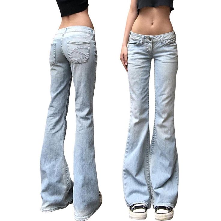 Y2K Lowrise Flared Jeans early 2000s light wash... - Depop Lowrise Y2k Jeans, Loose Flare Jeans, Low Rise Light Blue Jeans, Flared Jeans 2000s, Flare Light Jeans Outfit, Flare Jeans Light Wash, Low Flare Jeans, G Rise Jeans, Lowrise Flare Jeans