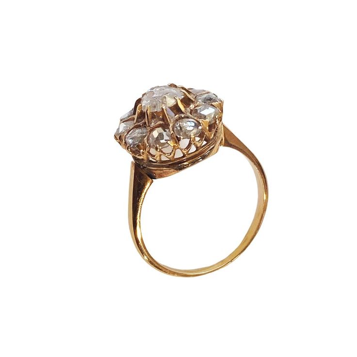 Superb old circa 1920 Rose Cut diamond ring ,14k yellow gold prong mounting with 2.0 mm shanking finger size 4 ,13mm round cluster top center split 4.8mm rose cut diamond approximately 20 points surrounded by 10 rose cuts at 2.7mm 04 points each , gold weight =1.7 dot /2.64grams 1" H by 1.75" w 0.50" D Victorian Yellow Gold Rings With Rose Cut Diamonds, Victorian Rose Gold Round Diamond Ring, Cluster Yellow Gold Ring With Rose Cut Diamonds, Antique Cluster Diamond Ring With Rose Cut Diamonds, Victorian Oval Diamond Ring With Rose Cut Diamonds, Heirloom 14k Gold Flower Ring With Rose Cut Diamonds, Cluster Ring With Rose Cut Diamonds, Classic Flower Ring With Rose Cut Diamonds, Victorian 14k Gold Diamond Ring With Rose Cut Diamonds