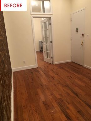 an empty room with hard wood flooring and white walls in the background, before and after remodel