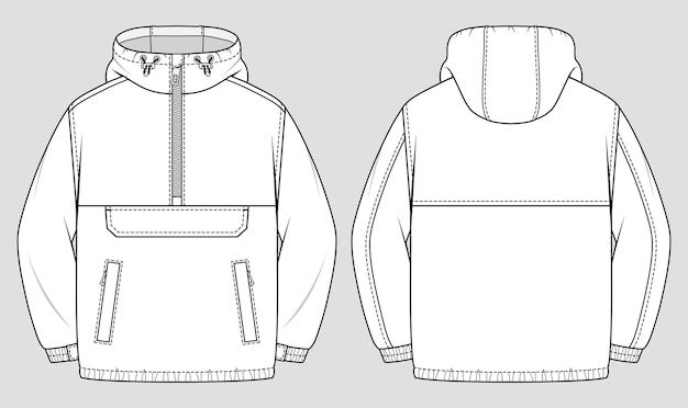 the front and back view of an unisex hoodie jacket with zippers