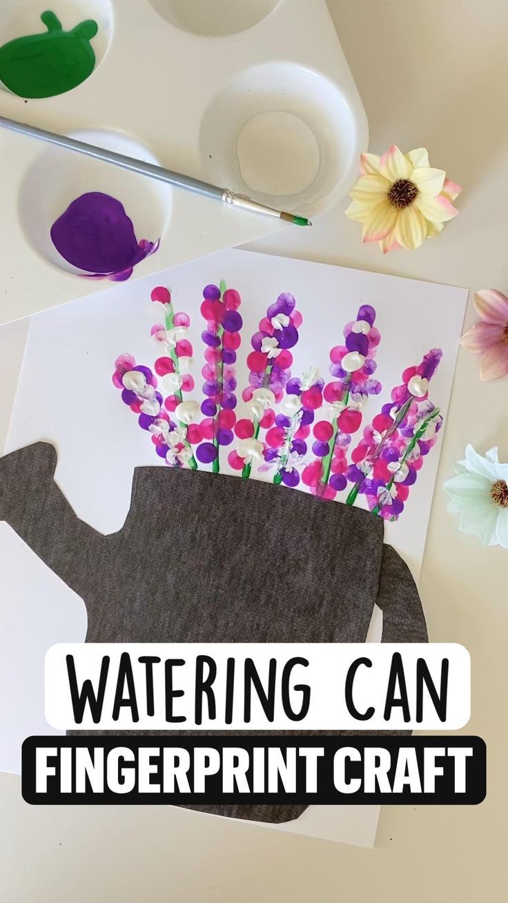 watering can fingerprint craft with flowers in the shape of a teapot