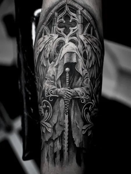 Guardian Angel Tattoo Dark Tattoos For Men, Dark Angel Tattoo, Archanděl Michael, Angel Warrior Tattoo, Angel Sleeve Tattoo, Angel Back Tattoo, Guardian Angel Tattoo Designs, Angle Tattoo, Guardian Angel Tattoo