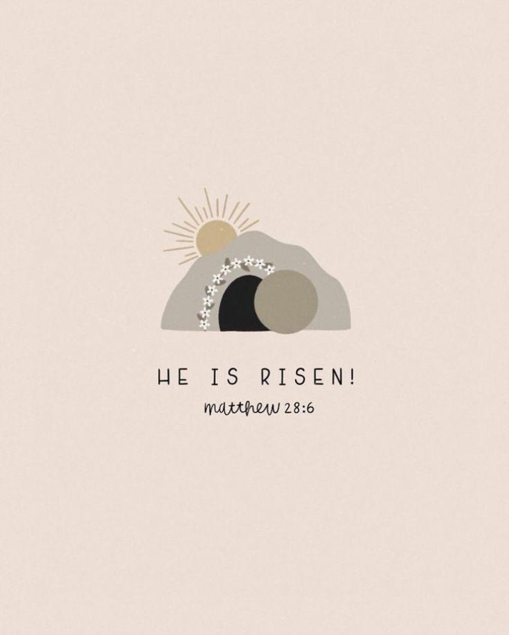 the logo for he is risen, with an image of a mountain in the background