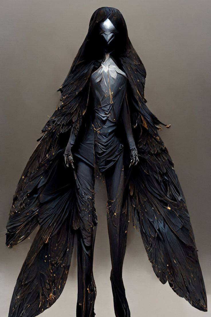 a black bird costume with gold accents on it's wings