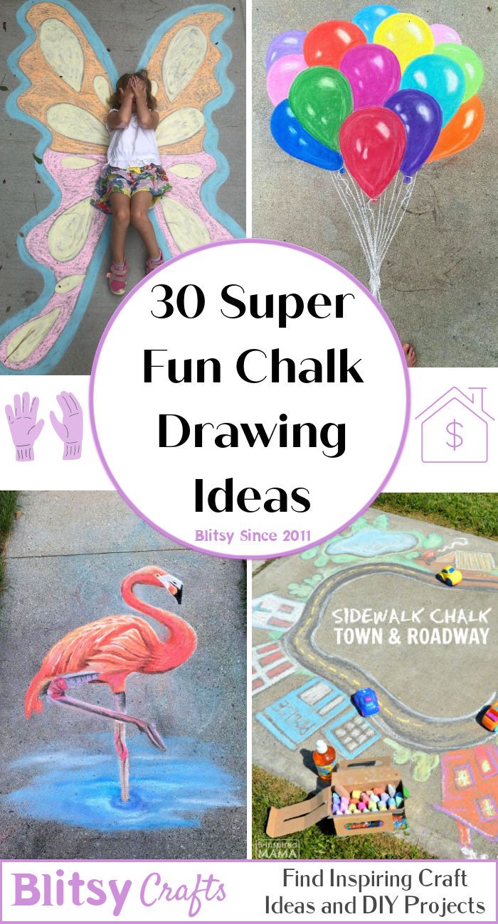 some chalk drawings and balloons with the words 30 super fun chalk drawing ideas on them