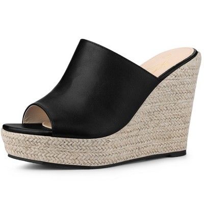 Black Open Toe Straw Wedge Sandals, Black Open Toe Wedge Sandals With Straw Material, Black Straw Platform Wedge Sandals, Black Straw Wedge Sandals With Platform, Open Toe Straw Platform Heels, Black Straw Open Toe Wedge Sandals, Straw Open Toe Platform Heels, Black Straw Wedge Sandals For Spring, Straw Platform Wedge Heels