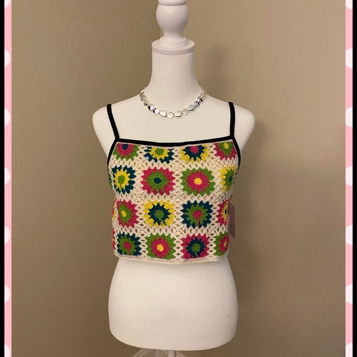 New With Tags Small Retro Multicolor Crop Top For Summer, Multicolor Crop Top For Beach In Spring, Multicolor Summer Crop Top For Day Out, Summer Multicolor Crop Top For Day Out, Multicolor Crop Top For Spring Vacation, Retro Spring Vacation Crop Top, Retro Spring Crop Top For Vacation, Retro Crop Top For Spring Vacation, Multicolor Cotton Crop Top For Spring