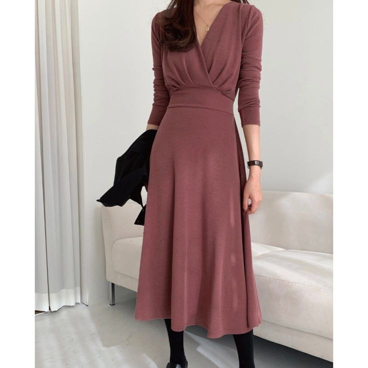 ▶ Colors ◀ Deep pink  Black ▶ Size ◀ One size(Free) ▶ Fabric ◀ Polyester /  Span / Rayon ▶Size Spec◀ Total Length : 111 cm Chest : 46 cm (Around 92cm as circular) Waist : 36 cm (Around 72cm as circular) Shoulder : 37cm Sleeve length : 58cm Armhole : 21cm -------------------------------------------- ▶ SHIPPING Information ◀ Delivery usually takes 10~15 business days. (Korea Post EMS) Even it is express shipping, recently it is not easy to get air space flexibly. Please, kindly wait a bit and be p Winter Pink V-neck Midi Dress, Winter A-line Midi Dress For Date Night, Feminine Pink Dresses For Winter, Pink Midi-length Winter Dress, Winter Pink Midi-length Dress, Fitted V-neck Maxi Dress For Winter, Pink Knee-length Midi Dress For Winter, Pink Knee-length Winter Midi Dress, Pink V-neck Maxi Dress For Fall