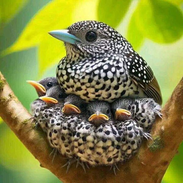 a group of birds sitting on top of each other in a tree branch with green leaves