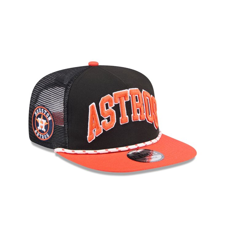 The Houston Astros Throwback Golfer features an embroidered Astros wordmark at the front panels with a snapback closure at the rear. Additional details include a team logo patch at the right-wear side, mesh back panels, and a gray undervisor. Collegiate Style Trucker Hat With Curved Brim For Streetwear, Flat Brim Snapback Hat With Letter Patch For Sports, Sporty Flat Brim Trucker Hat For Fan Merchandise, Throwback Snapback Hat For Baseball Season With Embroidered Logo, Collegiate Trucker Hat With Embroidered Logo For Baseball Season, Collegiate Snapback Hat With Logo Patch For Sports, Collegiate Trucker Hat With Curved Brim For Streetwear, College Snapback Hat With Letter Patch, Snapback Hat With Letter Patch For Baseball Season