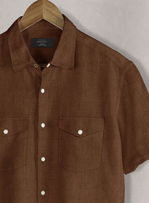 Emphasize the casual mood with our European Oak Brown Linen Western Style Shirt, ensuring a comfortable yet fashionable look for any weekend activities.  Crafted from 100% linen, a comfortable choice also for summer, which gives a relaxed and on-trend look.    Buttons: Ivory Snap  Pocket Style: Flap    Made according to your measurements for the special you.  Pamper yourself, get this shirt made exclusively for you now!  Woven In Europe Brown Casual Collar Shirt For Summer, Brown Casual Collar Summer Shirt, Brown Summer Shirt With Casual Collar, Brown Casual Collar Top For Summer, Casual Summer Shirt With Placket, Brown Summer Top With Casual Collar, Brown Summer Beach Shirt, Brown Shirt With Relaxed Fit And Casual Collar, Brown Shirt With Casual Collar In Relaxed Fit