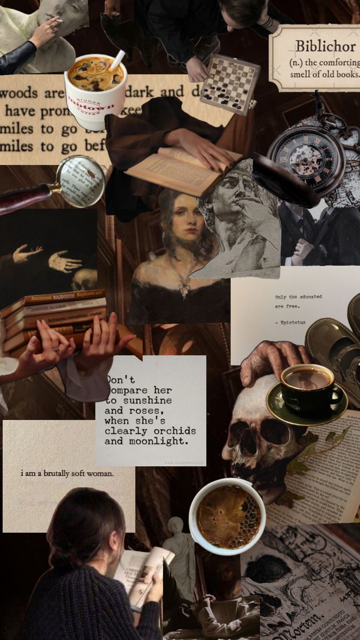 a collage of photos with words and pictures on them that include people, books, coffee cups, skulls, and more