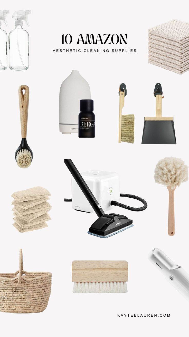 an assortment of cleaning supplies including brushes, soaps and other household care products on a white background