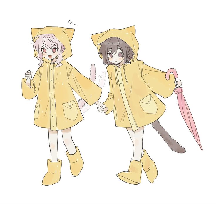 two girls in yellow raincoats holding hands