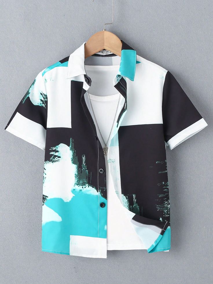 Multicolor Casual Collar Short Sleeve Fabric Colorblock Shirt Embellished Slight Stretch  Tween Boys Clothing Techware Fashion, Men's Outfits By Pattern, Colorblock Shirt, Funny Pajamas, Stylish Shirts Men, Cyberpunk Clothes, Shein Kids, Minimalist Fashion Men, Color Block Shirts