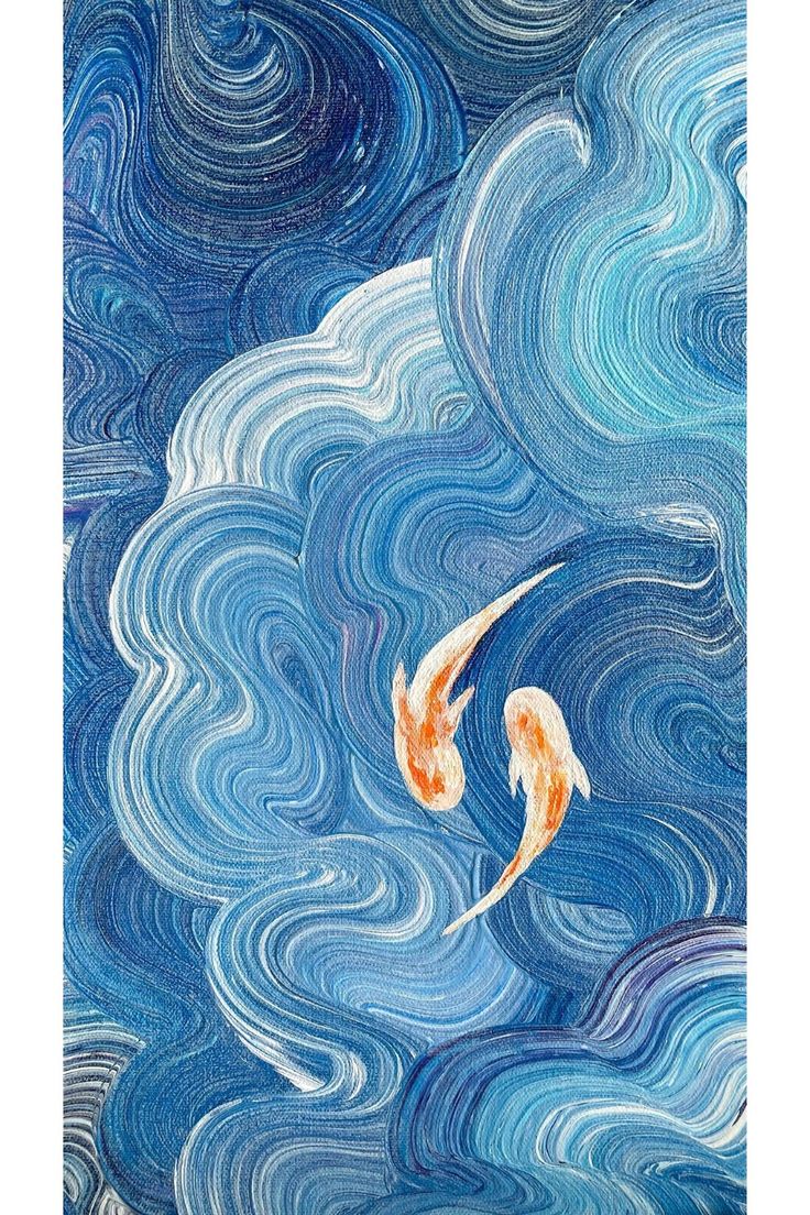 two orange koi fish are swimming in the blue water with swirly clouds above them