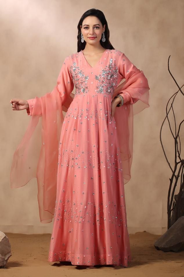 Pink long anarkali with floral embroidery. Comes with organza dupatta.
Components: 2
Pattern: Embroidered
Type Of Work: Sequins, Pearls, Cutdana
Neckline: V Neck
Sleeve Type: Full
Fabric: Anarkali: Chanderi, Dupatta: Organza
Color: Pink
Other Details: 
Attached lining
Approximate product weight: 0.5-1 kg
Occasion: Puja - Aza Fashions Eid Semi-stitched Organza Anarkali Set, Floor-length Organza Anarkali Traditional Wear, Floor-length Anarkali Organza Dress, Embroidered Anarkali Set In Georgette, Designer Resham Embroidery Anarkali Set In Organza, Designer Organza Anarkali Set With Resham Embroidery, Organza Salwar Kameez With Dupatta In Maxi Length, Designer Anarkali Organza Set For Eid, Eid Organza Anarkali Set With Gota Work