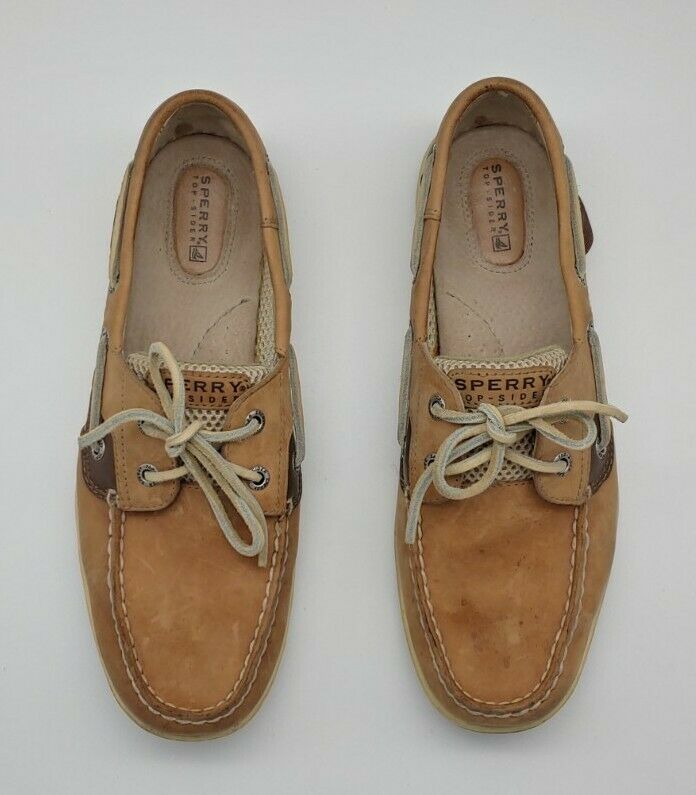 SPERRY TOP-SIDER TAN LINEN MESH "BLUEFISH" (9518382) BOAT SHOES WITH BRONZE ACCENTS WOMENS 9.5M Brown Boat Shoes With Round Toe For Summer, Casual Boat Shoes With Round Toe For Summer, Casual Summer Boat Shoes With Round Toe, Casual Brown Boat Shoes For Summer, Casual Brown Low-top Boat Shoes, Brown Low-top Boat Shoes, Summer Lace-up Boat Shoes With Rubber Sole, Canvas Slip-on Boat Shoes With Rubber Sole, Casual Boat Shoes With Rubber Sole For Boating