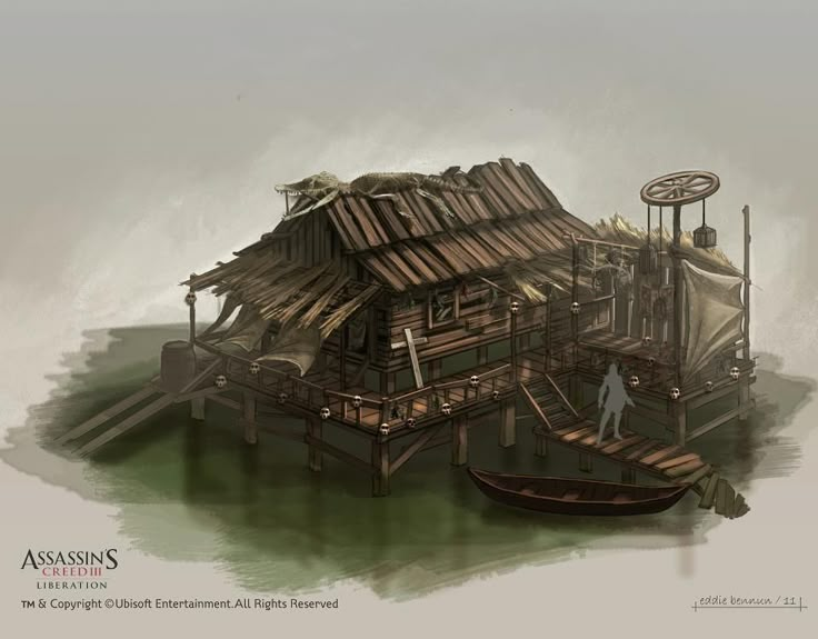 an artistic rendering of a house made out of wood and bamboo with a man standing in front of it