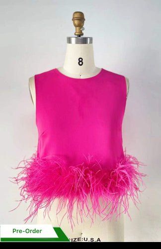 Feather Tank Top, Feather Top, Feather Tops, Solid Tank Tops, Feather Trim, Pink Feathers, Trim Top, Cropped Style, Trim Detail