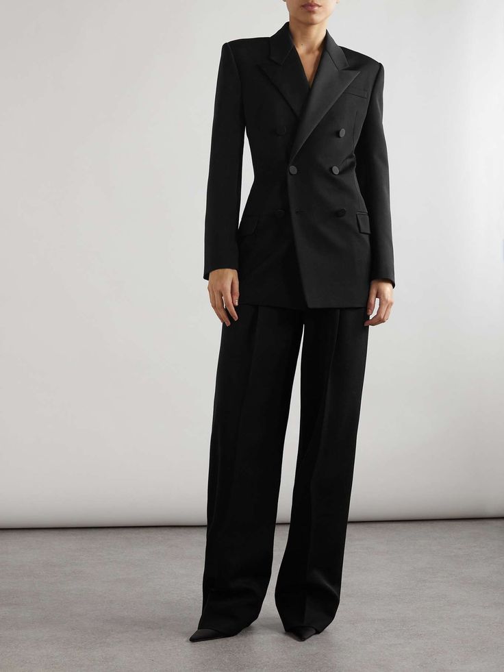 SAINT LAURENT Double-breasted twill-trimmed grain de poudre wool blazer | NET-A-PORTER Formal Party Outfit Classy Blazers, Modern Suits For Women Black, Women's Suits Modern, Balmain Suit Women, Ysl Suit Women, Classic Jackets For Women, Tuxedo For Woman, Elegant Night Outfit, Tuxedo Jacket Women