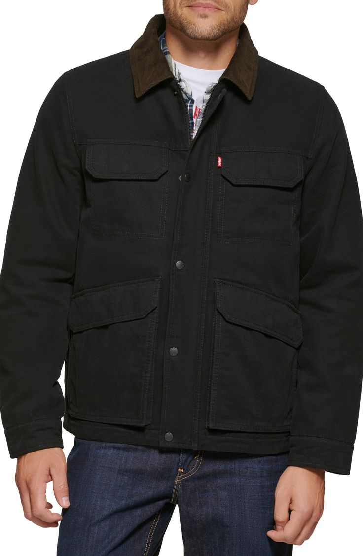 A corduroy collar polishes a rugged cotton field jacket packed with pockets and warm, quilted lining for versatile comfort. Spread collar Quilted lining 100% cotton Machine wash, tumble dry Imported Field Jacket Outfit Men, Field Jacket Outfit, Countryside Outfit, Urban Explorer, Cotton Fields, Canvas Jacket, Red Logo, Field Jacket, Levis Men