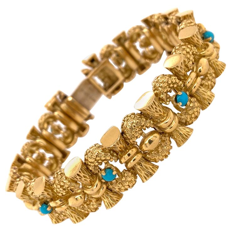 A magnificent Turquoise and 18k Yellow Gold TIFFANY&CO bracelet, Circa 1960's. The weight is 87 grams, the length is 7 inches, width is little over 1/2 inch (15mm). No original papers. Sea Glass For Sale, Tiffany And Co Bracelet, Art Nouveau Pendant, Retro Bracelet, 18k Gold Bracelet, Modern Bracelets, Antique Bracelets, Diamond Jewelry Designs, Bangles Jewelry Designs