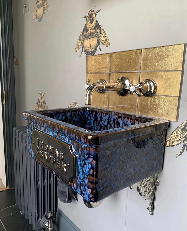 Thomas crapper Harwood basin in Blue Anthracite Cloakroom Tiles, Thomas Crapper, Gold Tiles, Small Downstairs Toilet, Gold Tile, Cloakroom Basin, Downstairs Loo, Downstairs Toilet, Powder Room Small