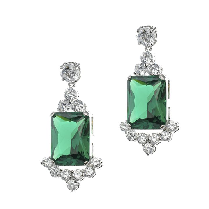 Emerald Deco Drop Earrings $ 245.00  These sparkling drop earrings feature a simulated emerald accented with stunning clear crystals.   Rhodium Plated, Cubic Zirconia  Also available in Sapphire and Amethyst Green Diamond Accent Drop Earrings, Green Diamond Accented Drop Earrings, Elegant Evening Jewelry With Handset Stones, Green Drop Earrings With Diamond Accents, Green Diamond Drop Bridal Earrings, Green Diamond Drop Earrings For Bridal, Elegant Emerald Drop Earrings, Elegant Emerald Earrings, Elegant Green Diamond Bridal Earrings