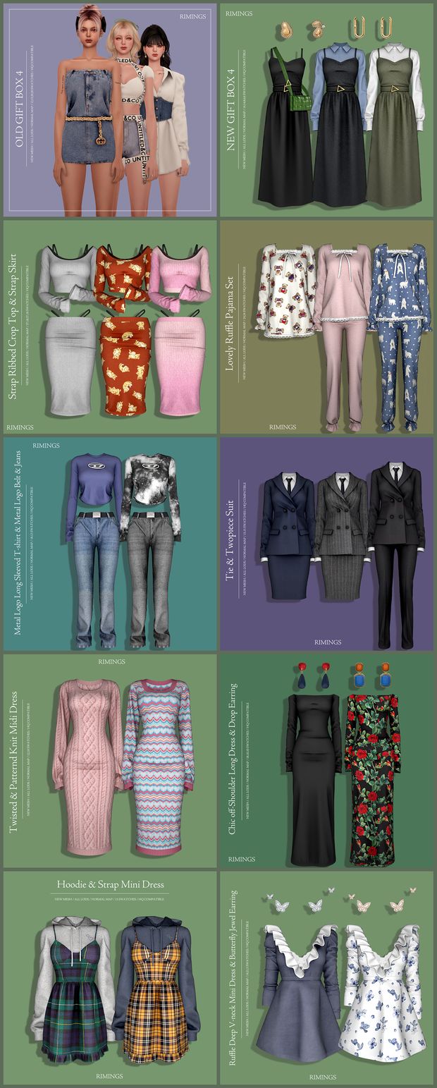 the different types of clothes are shown in this graphic style, including dresses and jackets