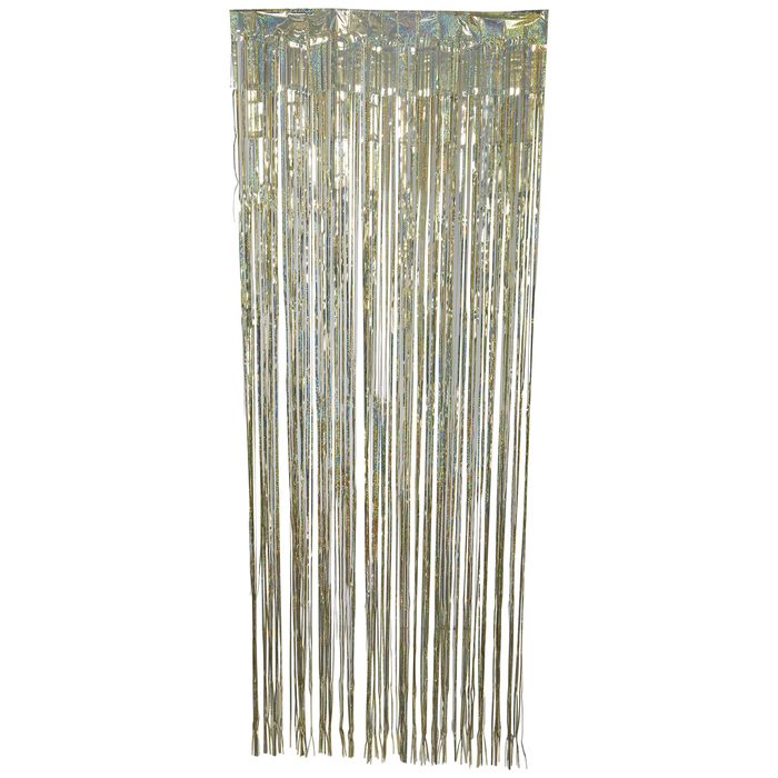 a tall curtain with metallic foil fringes hanging from it