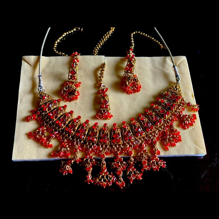 Bride Necklace Set Beautiful Necklace With Earrings And Tikli Red Dangle Necklaces For Festive Occasions, Red Dangle Jewelry For Festivities, Adjustable Red Jewelry For Celebration, Red Dangle Jewelry For Festive Occasions, Red Adjustable Jewelry For Celebration, Red Costume Jewelry For Celebration, Red Dangle Jewelry For Celebration, Red Dangle Jewelry For Festivals, Red Party Jewelry For Festive Season